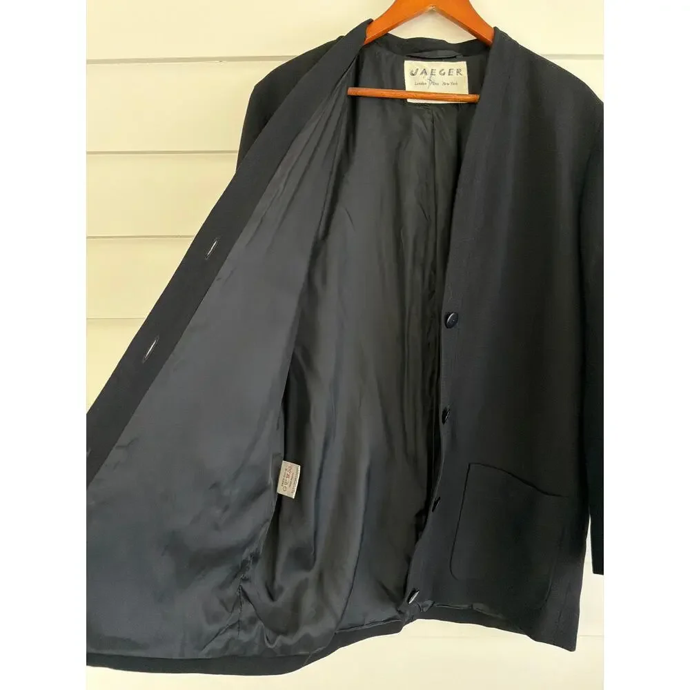 Vintage Jaeger Black Wool Crepe Blazer Jacket Minimalist Modernist Dark Academia